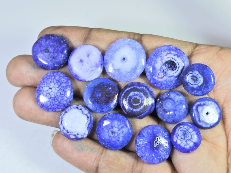 175Cts.Color Enhanced Blue Solar Cab Agate Round Loose Gemstone 14Pcs Lot