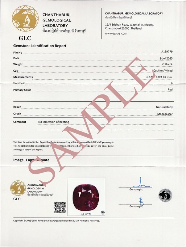 GLC Chanthaburi Gemological Laboratory FULL Report + Origin (0.01+100ct./Pc)