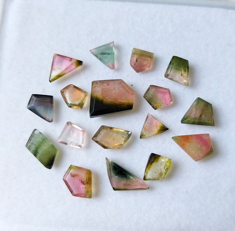 14 Carat Natural Watermelon Bi Color Tourmaline Fancy Cut Shape 17 Piece Lot