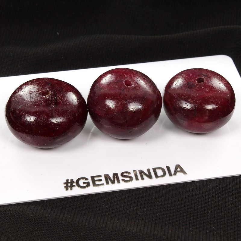 280Ct/3 Pcs Natural Dark Red Ruby Round Cab Drill Beads Gems Lot For Jewelry