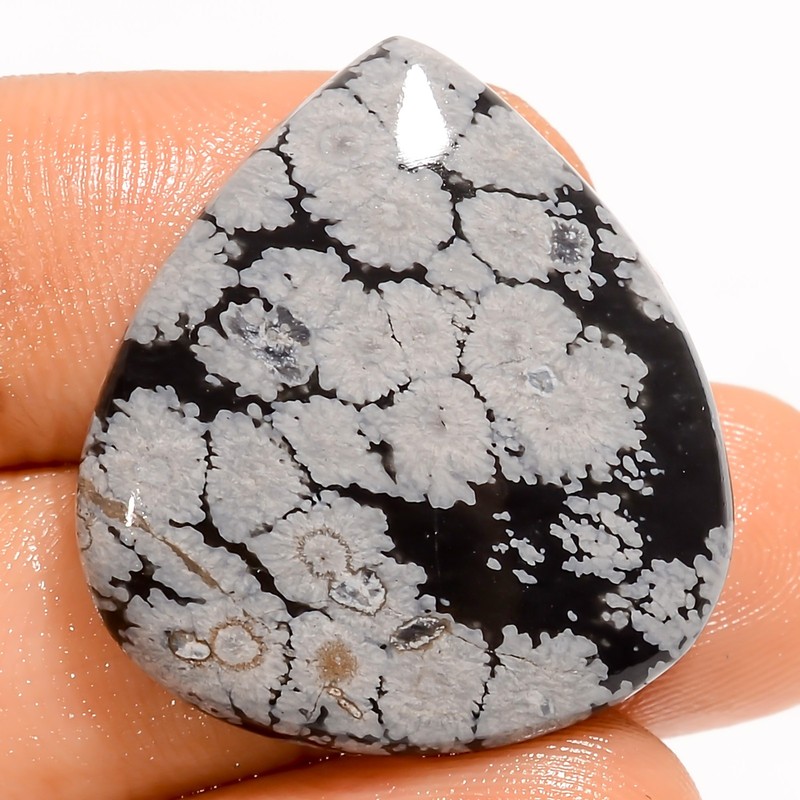 100% Natural Snowflake Obsidian Pear Cabochon Gemstone 28.5 Ct 27X24X4 mm UG-176