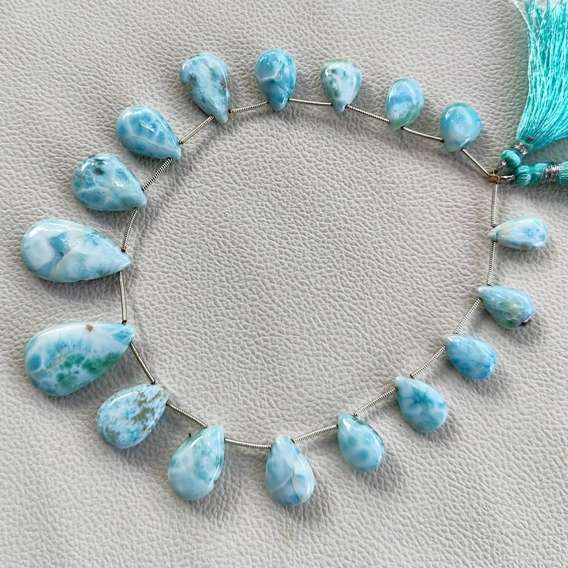 15×7-25x9mm Larimar Smooth Pear Beads 11″ Strand Dominican Republic Gemstones