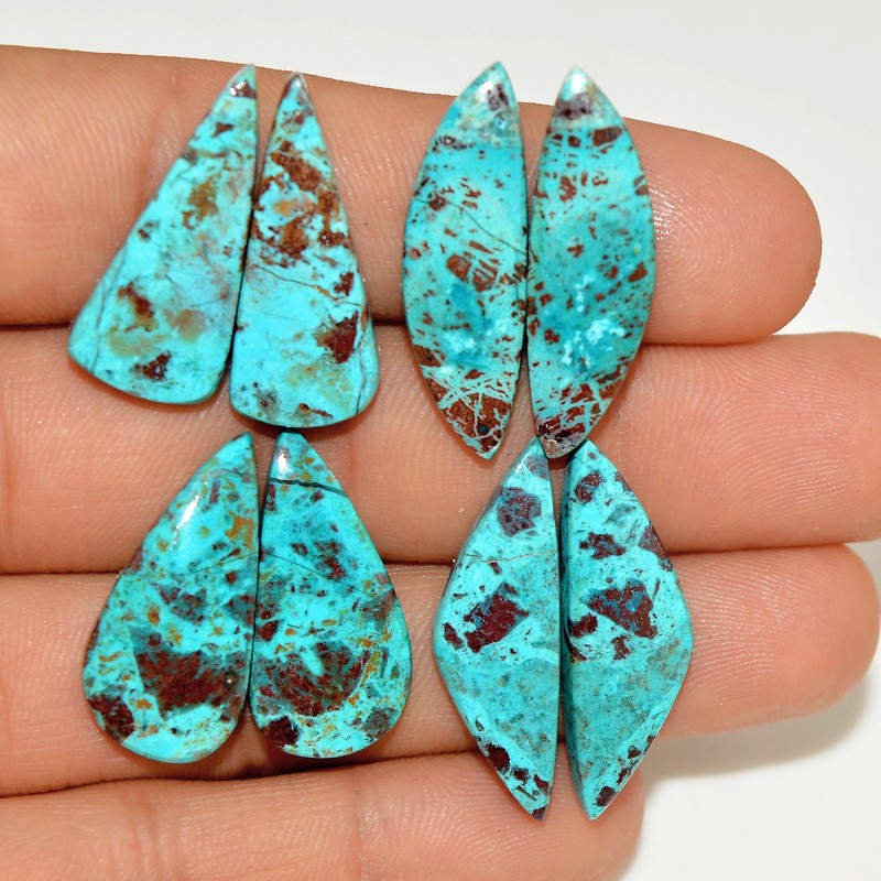 4 Pair 65 Cts Natural Chrysocolla Cabochon Gemstone Pair Lot 27×7 24x10mm #16966