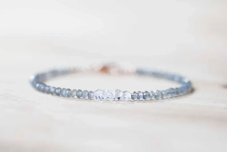 Labradorite & Herkimer Diamond Bracelet, Delicate Quartz Crystal Jewelry, Beads gallery
