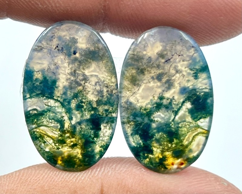 23 Ct 3x16x26 mm Natural Green Moss Agate Pair Oval Cabochon Gemstone DP=206