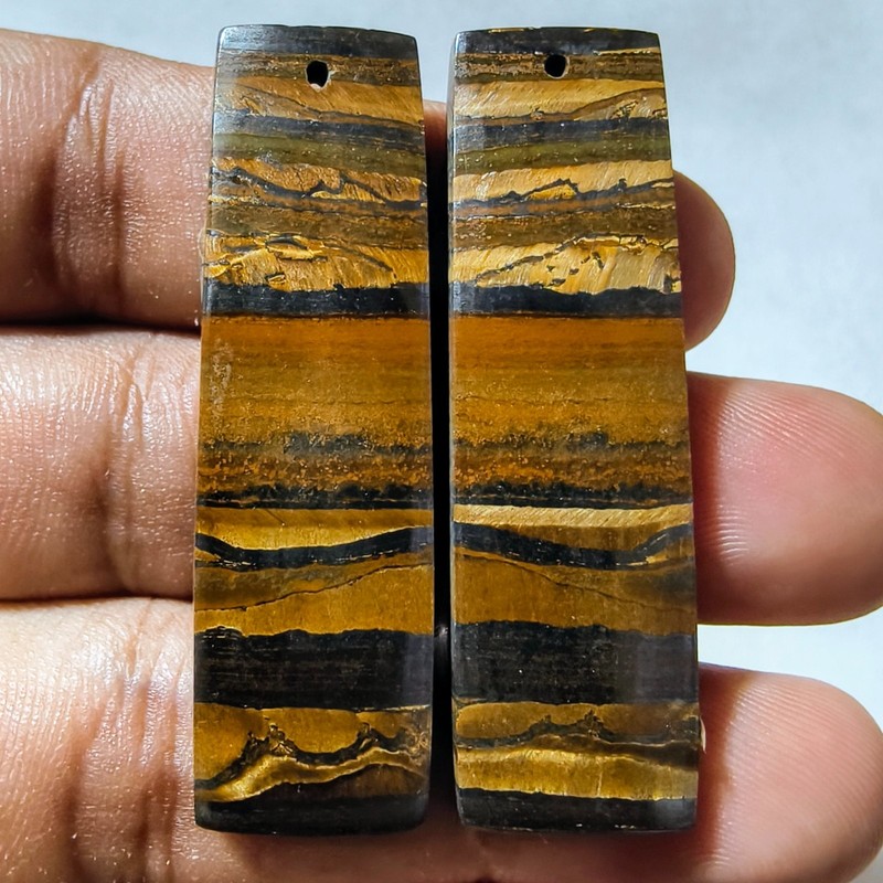 89 Cts Natural Tiger’s Eye Drilled Match Pair Cabochon Gemstone 47.7 X 14.3 MM