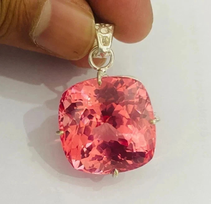 23.70 Ct Natural Padparadscha Sapphire Cushion Cut 925 Silver Pendant Gemstone