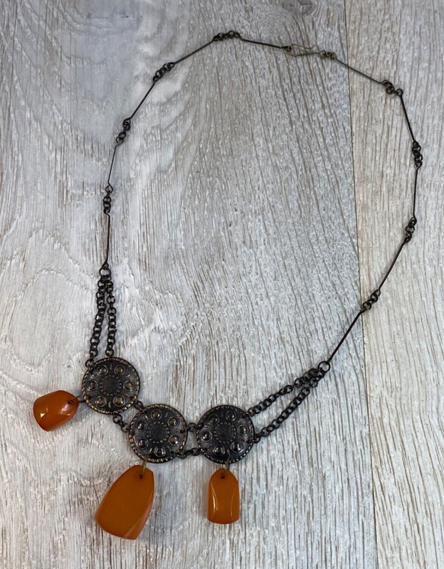 Natural Art Deco Butterscotch Baltic Amber Beads Necklace Metal chain