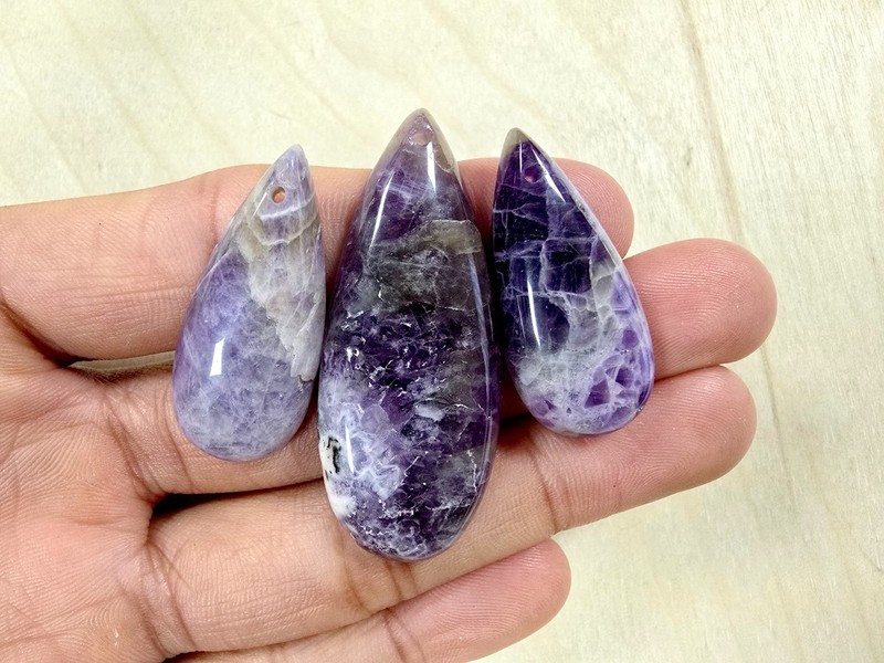 Amethyst Tear Drop Pendant 3 Pieces Polished Smooth with Hole for Necklace
