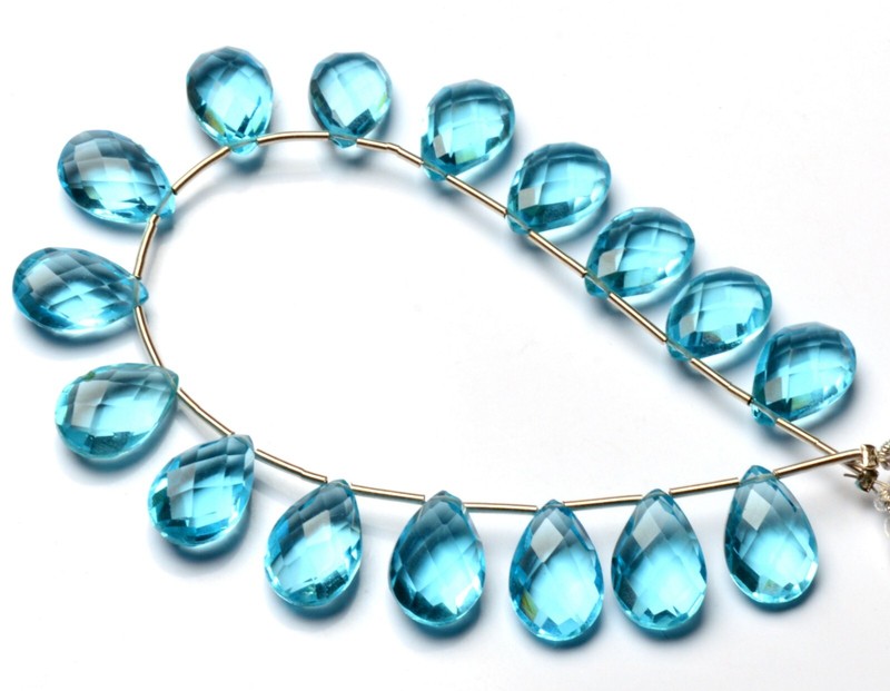 Blue Topaz Color Quartz 14x9 mm Size Faceted Pear Briolette Beads 7" Strand
