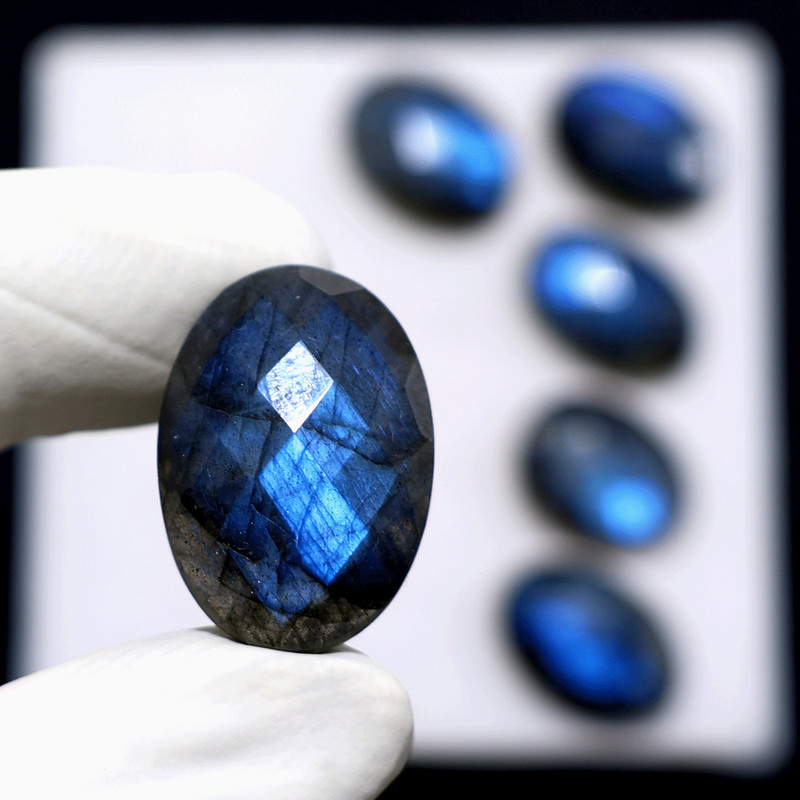 Deep Blue Fire 6 PC Natural Labradorite Hi-Grade 22mm-24mm Faceted Gemstones Lot gallery