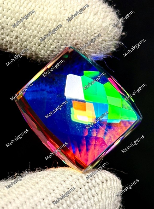 71 Ct Mystic Topaz Fancy Cube Gemstone, Rainbow Honeycomb Pixel Cut Pendant