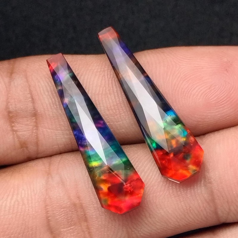 Ammolite Stone Doublet Coffin Checker Cut Pair Loose Gemstone 8 x 30 MM gallery