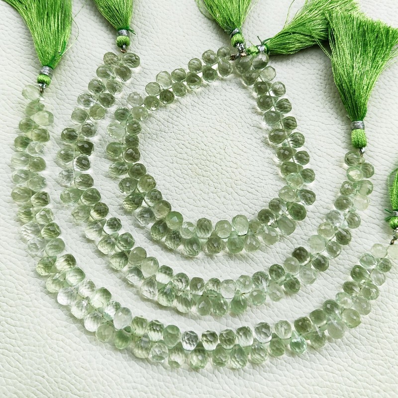 Natural Green Amethyst Prasiolite Gems 7×5 mm Faceted Drop Shape Beads 8″ Strand