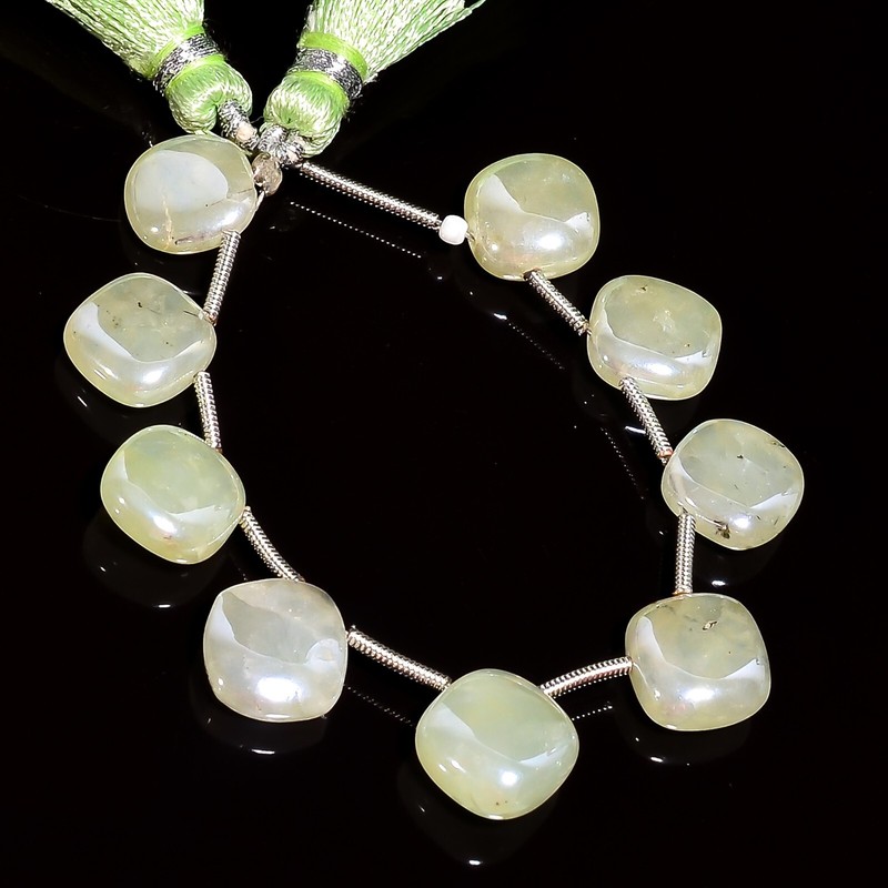 Natural Prehnite Gemstone Cushion Shape Smooth Beads 10X10X4 mm Strand 4″ E-746