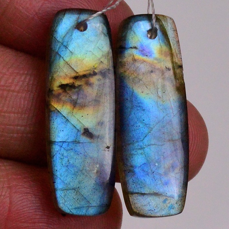 31Cts Natural Labradorite Gemstone Cabochon Front Drill Earrings 28x8mm #P2544