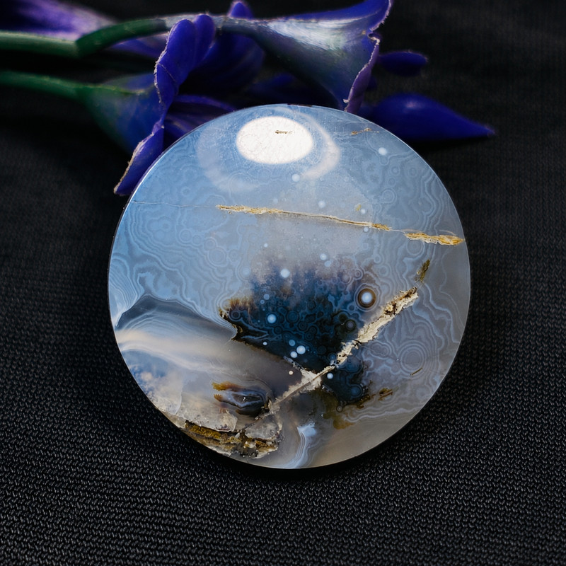 Rare Dendritic Agate Cabochon 26x5mm Round Blue White Scenic Pattern Gem