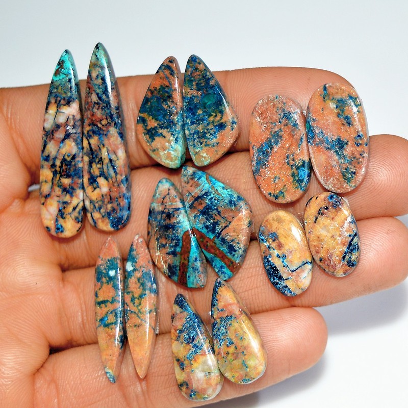 7 Pairs 121 Cts Natural Azurite Shattuckite Gemstone Pair Lot 37×7 15x8mm #17997