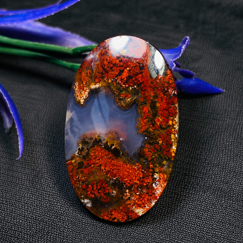 Rare Moss Agate Cabochon 34x21x5mm Orange Plume Scenic Collector Gem
