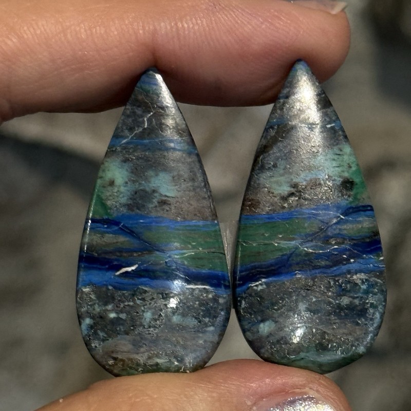 48ct 36.3×17.7×4.6mm Pair Large Dark Green Blue Azurite Drop Cabochon Gemstones