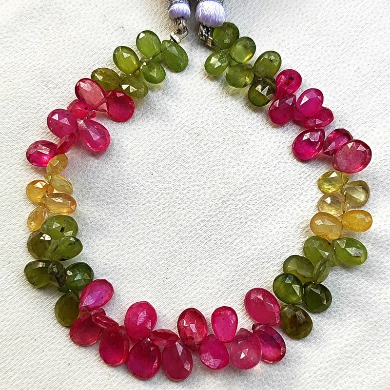 Natural Multicolor Sapphire Gems 7x5 to 9x7 mm Faceted Pear Briolette 7" Strand gallery