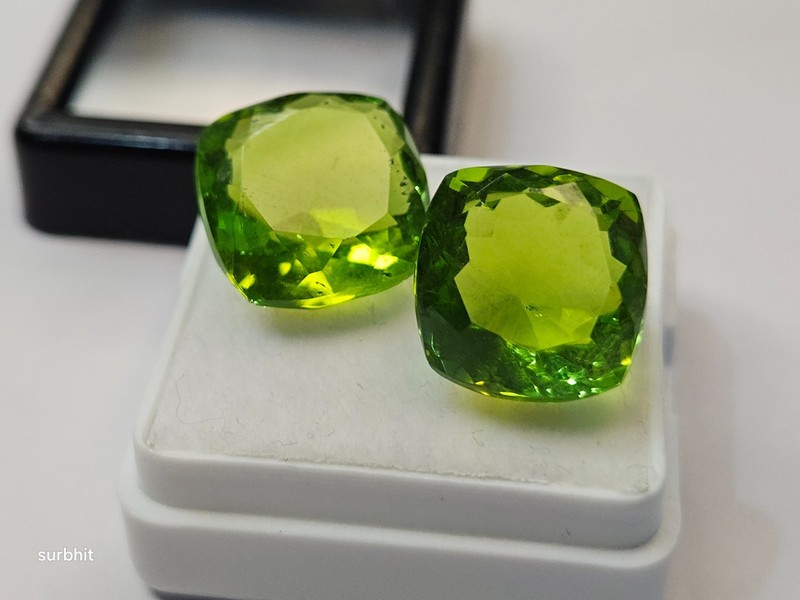 Pair Olive Green Peridot Cushion Cut 17+Ct Natural Certified Loose Gemstone VVS gallery