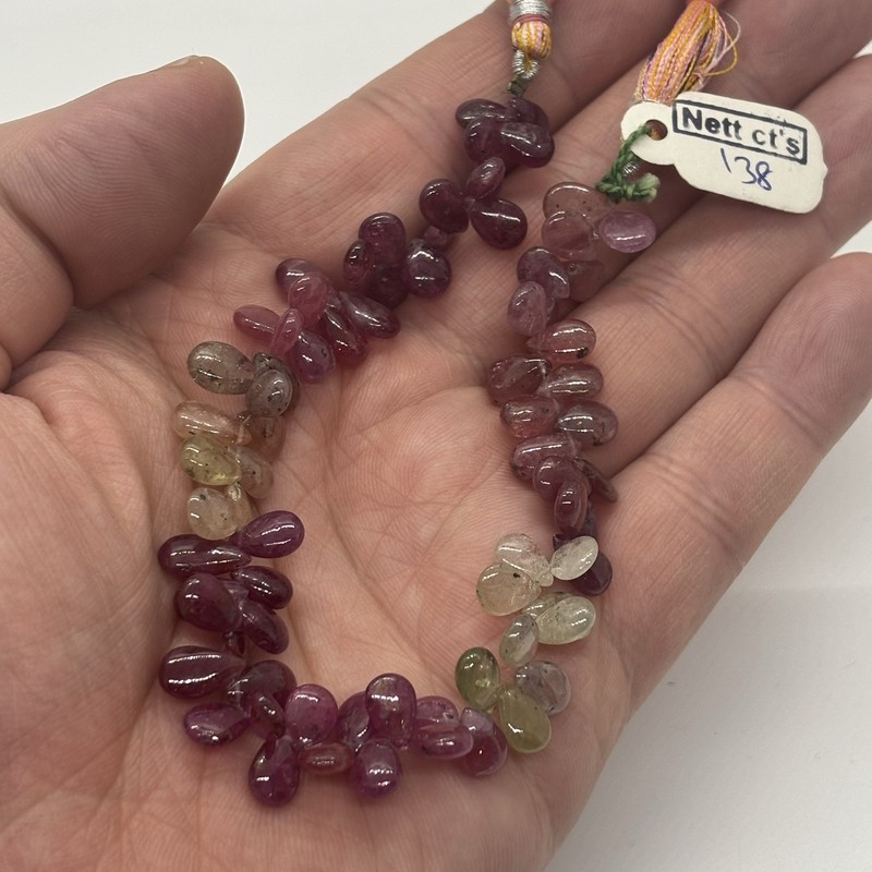 Sapphire Beads 138 Carats 8.5” Strand Smooth Drop Shapes Green Pink Red Ruby Gem gallery