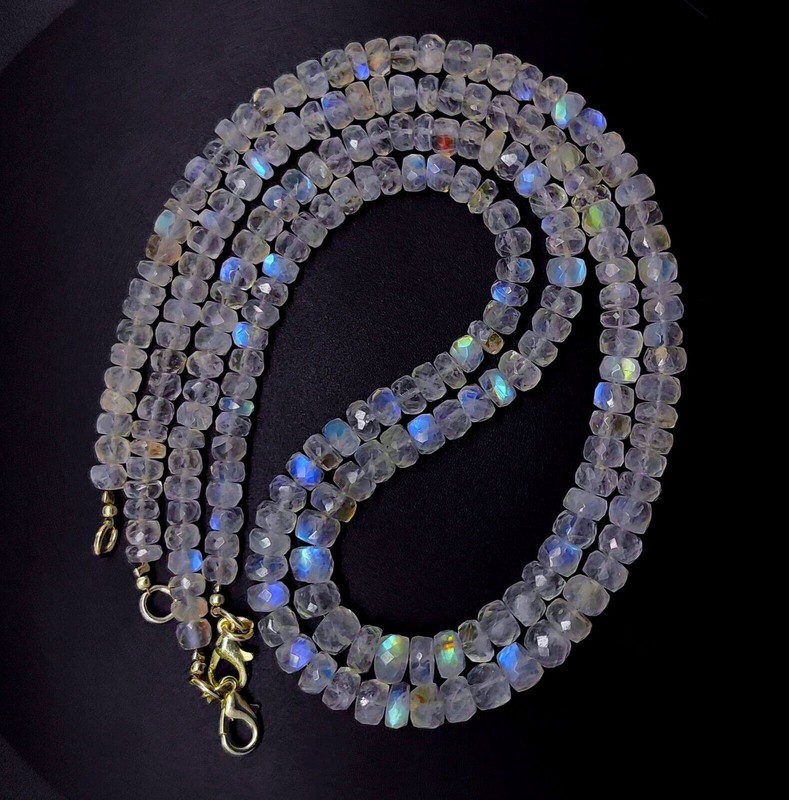 Natural Gem Rainbow Moonstone 5 to 7 mm Size Faceted Rondelle Beads Necklace 16″