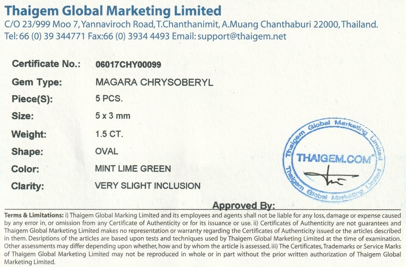 MAGARA CHRYSOBERYL. Mint Lime Green Oval, VSI. 5 PCS, 5 X 3 mm, 1.5 TCW. gallery