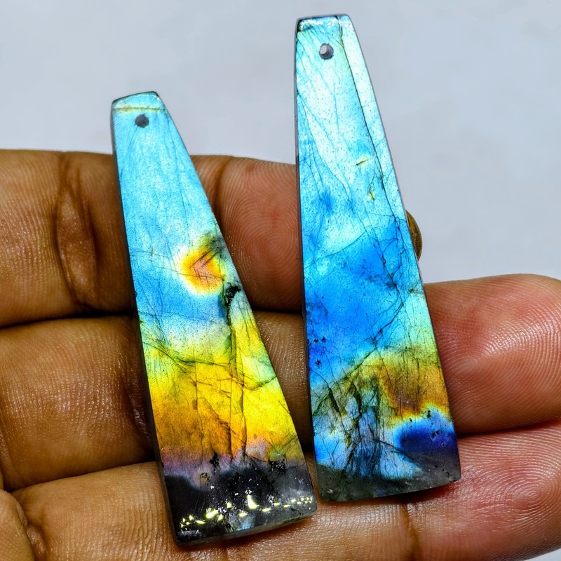 65 Cts Natural Labradorite Drilled Match Pair Cabochon Gemstone 50.9X15.5 MM gallery
