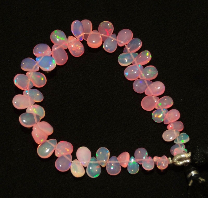Ethiopian Pink Opal Gem 7×5 to 10×7 mm Size Rainbow Fire Pear Beads Strand 7″