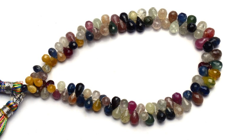 NATURAL MULTI SAPPHIRE FACETED 5×3 TO 7×5 mm TEARDROP SHAPE BRIOLETTES 85CTS. 8″