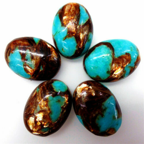 5Pcs Pretty Turquoise & Gold Copper Bornite Stone CAB CABOCHON 25*18*6mm No Hole