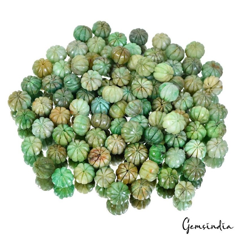 2000 Cts/95 Pcs Natural Green Emerald Round Drill Pumpkin Carved Beads Gems Lot