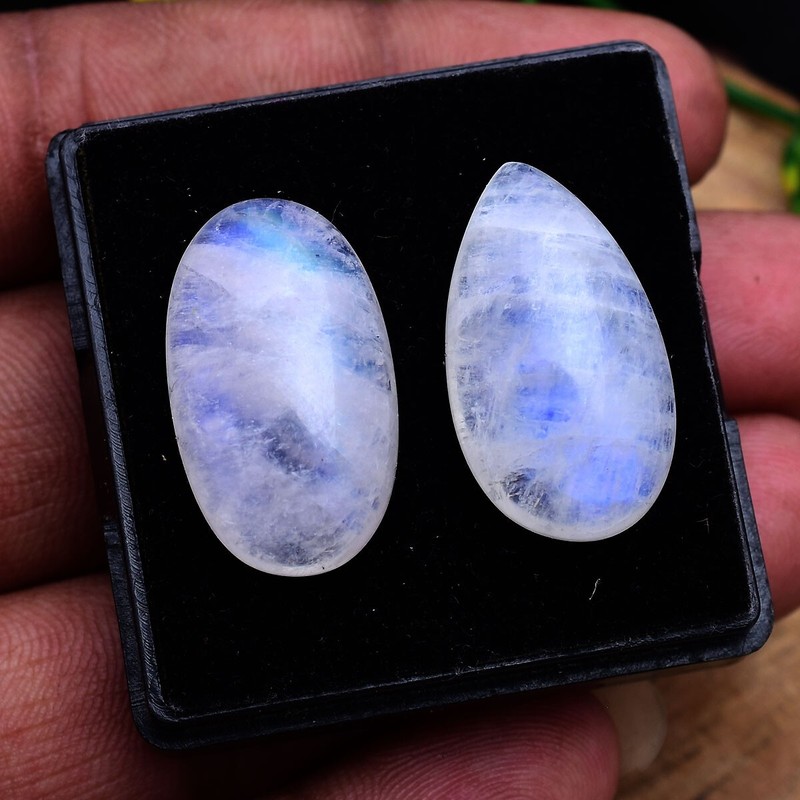 2 Pcs Natural Blue Moonstone Untreated 24mm-25mm Cabochon Loose Gemstones Lot