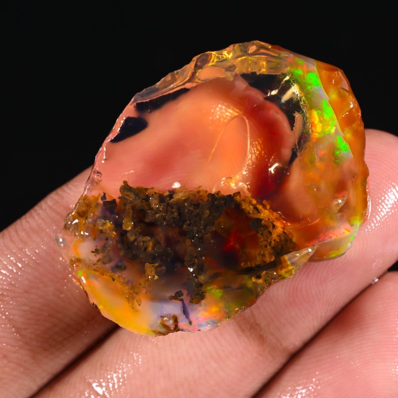 56.25 Ct Natural Ethiopian Welo Fire Opal Rough 37x27x10 mm Rainbow Flash