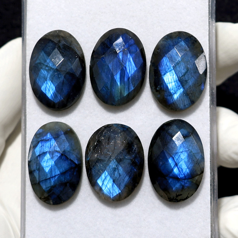 Deep Blue Fire 6 PC Natural Labradorite Hi-Grade 22mm-24mm Faceted Gemstones Lot