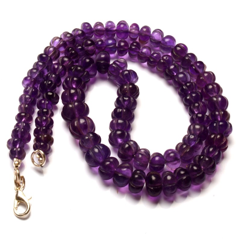 Natural Amethyst Gem 7 to 9 mm Size Carved Muskmelon Shape Beads 17″ Necklace