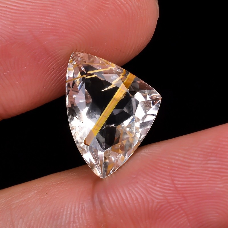 Natural Golden Rutile Faceted Quartz Gemstone Trillion Shape 6 Ct 15X11X6 MM