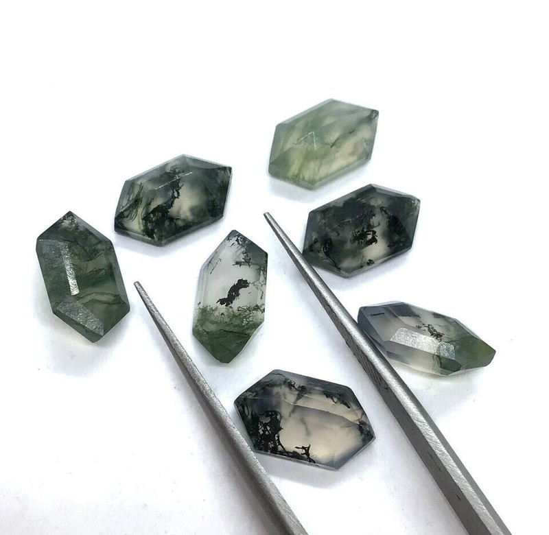 [WHOLESALE] NATURAL MOSS AGATE FACETED LONG HEXAGON SHAPE LOOSE GEMSTONE