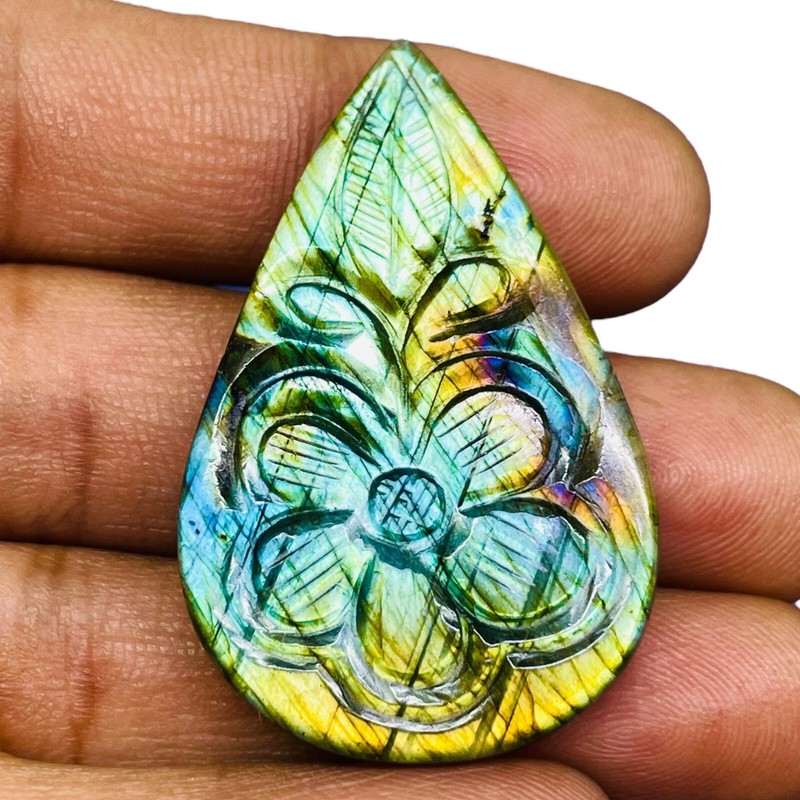 Natural Carved Labradorit​e 42x27mm Pear Flashy Pendant Size Gemstone 51.75 Cts