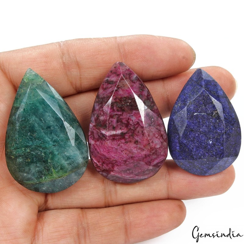 470 Ct/3 Pcs Natural Red Ruby Blue Sapphire Green Emerald Pear Cut Loose Gem Lot gallery