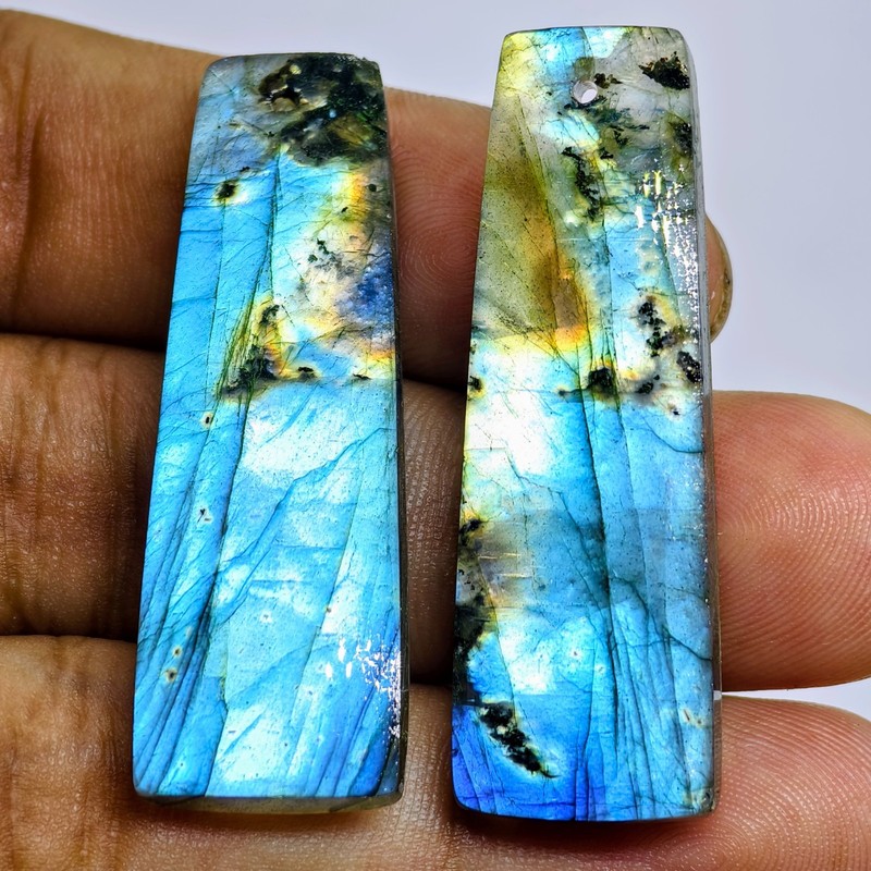 60 Cts Natural Labradorite Drilled Match Pair Cabochon Gemstone 42.7 X 14.6 MM