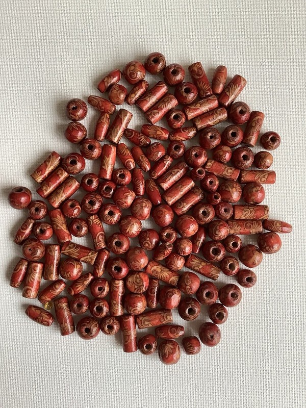 Painted oriental red wooden beads, various shapes and sizes, loose beads