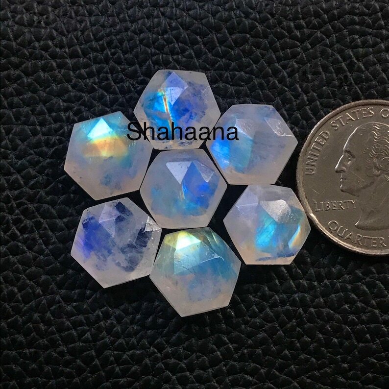 AAA Quality Hexagon Shape Rose Cut Rainbow Moonstone Gemstone Briolette