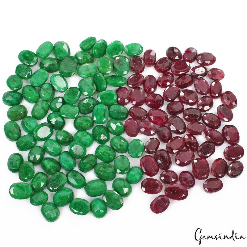 2000 Cts/120 Natural Red Ruby Green Emerald Oval Cut Loose Gems Lot For Jewelry gallery