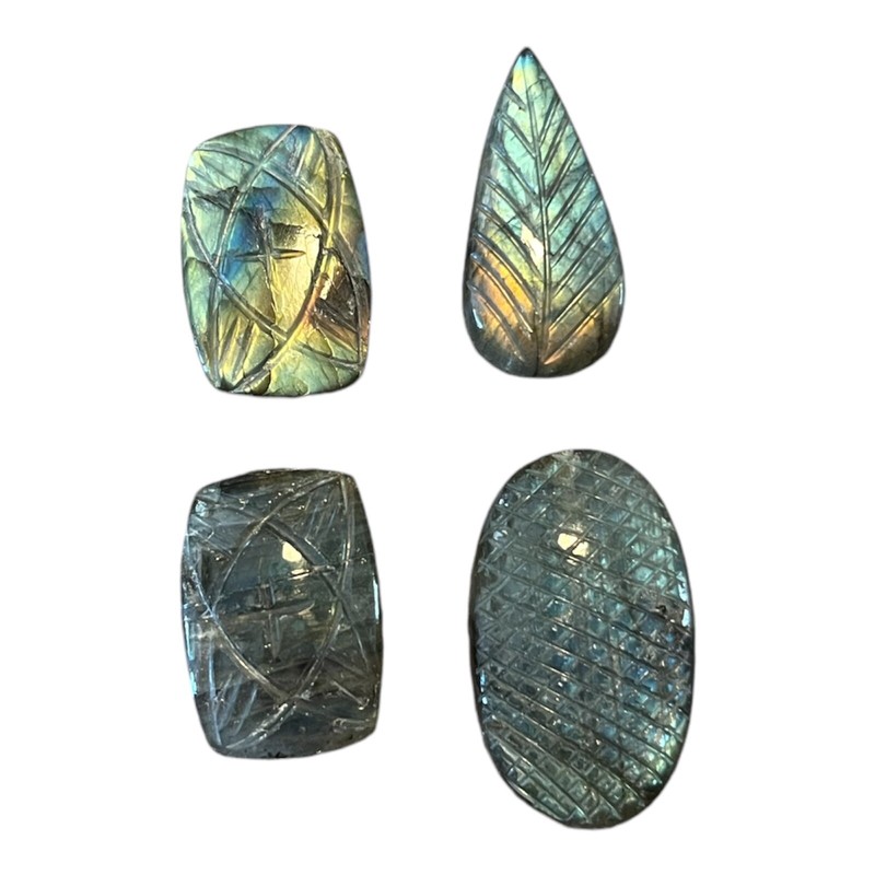 Natural Labradorite Carved Cabochons Lot Of 4 Wholesale No Reserve Gemstone Leaf