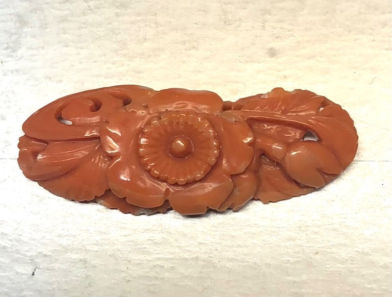 Vintage Japanese Carved Salmon Coral- 43 x 16 mm., 31.19 cts.