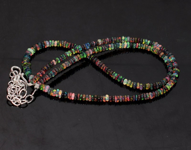 20"Natural Ethiopian Black Opal Wello Fire Opal Gemstone Bead Necklace 34 Crt gallery