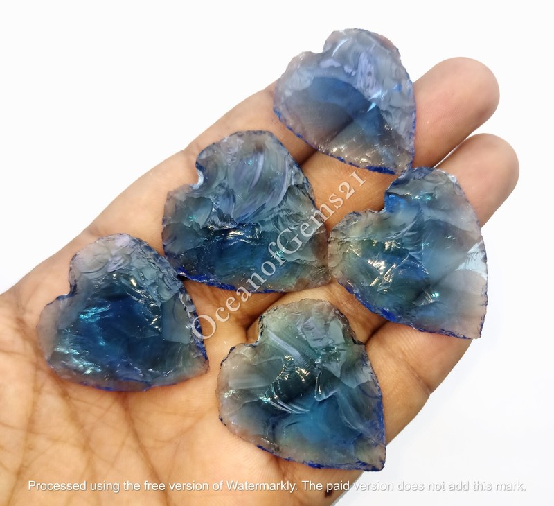 100 Carat Blue Topaz Heart Shape Carved, 4-5 Piece, Loose Gemstone Cabochon Lot
